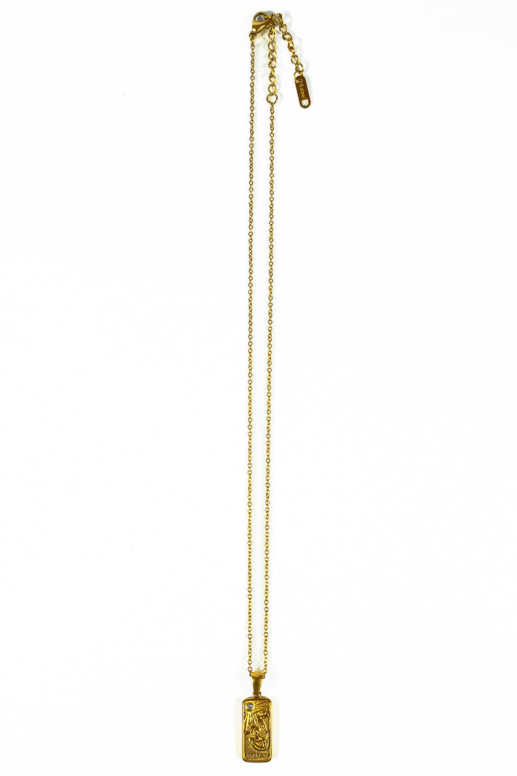 Pendentif collier spirituel Jaguar force forme carte de tarot avec pierre zircon en or sur fond blanc